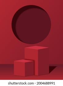 3d pantalla de podio cúbico paro sobre fondo rojo abstracto con luz de ventana y sombra para la presentación mínima del producto, 3d representación,ilustración EPS10.