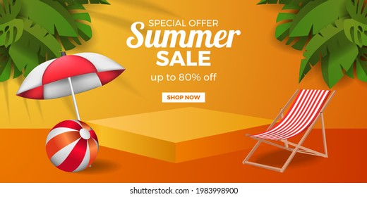 3d cube podium pedestal stage product display with folded chair umbrella and ball and tropical leaves nature with orange background