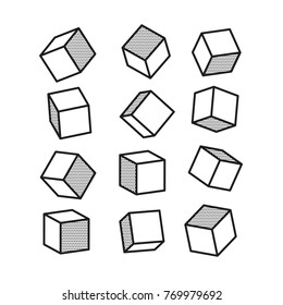 3D cube in pop art style in black and white, vector