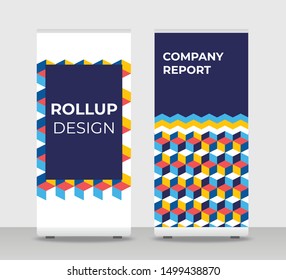 3D cube red yellow Abstract Shapes Modern Exhibition Advertising Trend Business Roll Up Banner Stand Poster Brochure flat design template creative concept. Blue Roll Up EPS. Presentation Cover