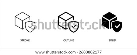 3d cube and shield icons for insurance of goods, products, protection. Editable vector stroke, outline and solid icons. Eps10 file.