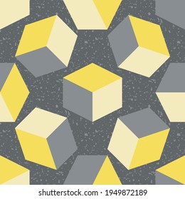 3D cube vector seamless pattern background. Free floating yellow grey cubes on textured terrazzo backdrop. Abstract design with geometric shapes. Modern scattered design.All over print for business