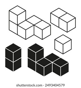 3D cube vector set. Isometric black and white blocks. Geometric shapes collection. Abstract design.