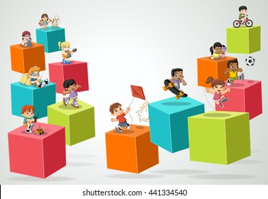 3d cubes with cartoon children playing. Sports and toys. . Infographic design.
