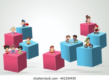 3d cubes with cartoon children playing. Sports and toys. Infographic design.

