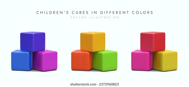 3d cubes for children in different colors. Advertising poster for toy store. Building blocks for kids. Vector illustration in red, blue and yellow colors