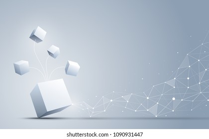 The 3d cubes connecting to abstract geometric polygonal with connecting dots and lines. abstract science and technology background. Big data and Internet connection concept. Vector illustration.