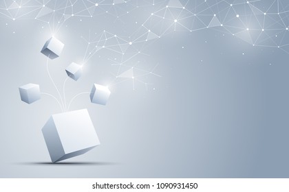 The 3d cubes connecting to abstract geometric polygonal with connecting dots and lines. abstract science and technology background. Big data and Internet connection concept. Vector illustration.