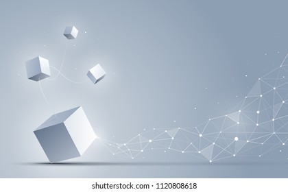 3d Cubes connecting to abstract geometric polygonal dots and lines. Science and technology background. Big data and Internet connection. Abstract background. Vector illustration.