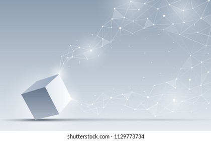 3d Cubes connecting with data sources. Abstract geometric polygonal with connecting dots and lines. Science and Business technology. Big data and Internet connection. Abstract background. Vector illus