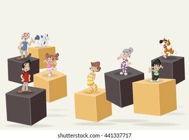 3d cubes with cute happy cartoon family with pets. Infographic design.
