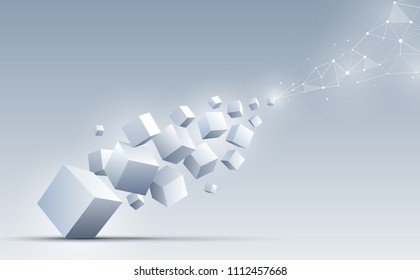 3d cubes floating to connect with an abstract geometric polygonal. Science and technology background. Big data and Internet connection. Abstract background. Vector illustration.