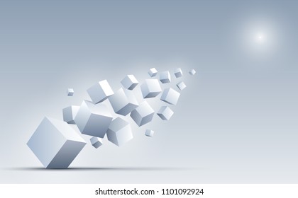 3d cubes floating into the light. Science and technology background. Big data and Internet. Abstract background. Vector illustration.