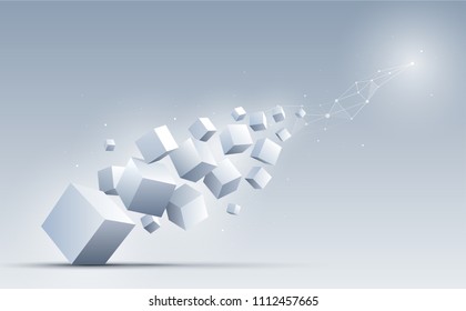 3d cubes floating into the light. Science and technology background. Big data and Internet connection. Abstract background. Vector illustration.