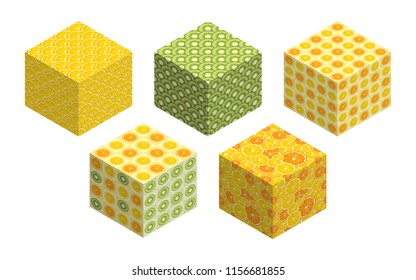 3D cubes with fruit backgrounds on each side. Set of spatial figures isolated on white background. Flat isometric graphics. Summer bright colors. Vector colorful illustrations.