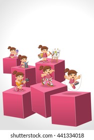 3d cubes with happy cartoon boy playing. Sports and toys. Infographic design.
