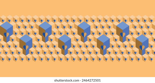 3D Cubes with hearts seamless vector pattern Border. Blue, orange and gold urban geometric texture with tiled boxes for fashion, interior design, wallpaper, wrapping paper and stationery.