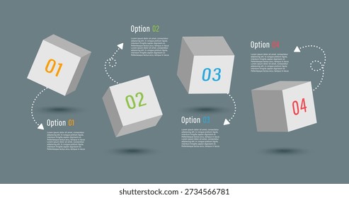 3D cubes horizontally arranged vector minimalistic infographics template for data visualization. Layout consisting of four elements in isometry