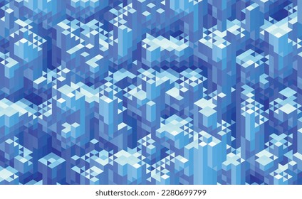 3D cubes. Isometric geometric mosaic of randomized blue blocks. Deltille grid pattern.