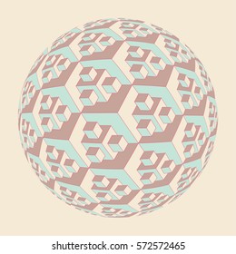 a 3D cubes pattern sphere in pink, brown, and blue