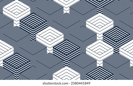 3D cubes seamless background, abstract tiling endless pattern with blocks, cubic optic construction wallpaper, surreal op art surface modular abstraction.