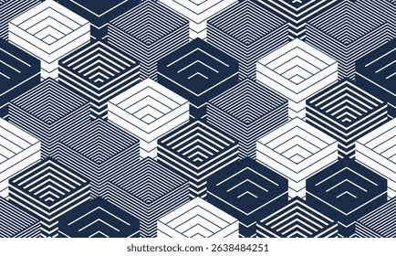 3D cubes seamless background, abstract tiling endless pattern with blocks, cubic optic construction wallpaper, surreal op art surface modular abstraction.