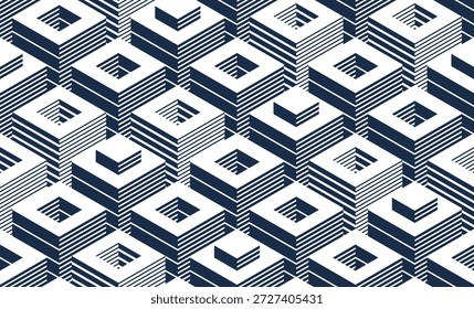 Cubos 3D fundo sem costura, abstrato azulejamento padrão infinito com blocos, papel de parede de construção óptica cúbica, abstração modular de superfície de op art surreal.