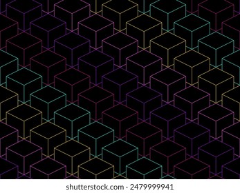 3D cubes seamless pattern. Multicolor abstract background in cyberpunk style. Cryptoblocks. Design for banners, printed materials and posters. Vector illustration