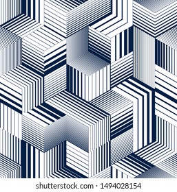 3D cubes seamless pattern vector background, lined dimensional blocks, architecture and construction, geometric design.