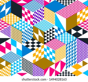 3D cubes seamless pattern vector background, rhombus and triangles dimensional blocks, architecture and construction, geometric design.