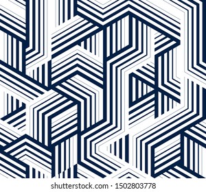 3D cubes seamless pattern vector background, lined dimensional blocks, architecture and construction, geometric design.