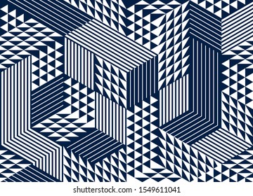 3D cubes seamless pattern vector background, rhombus and triangles dimensional blocks, architecture and construction, geometric design.