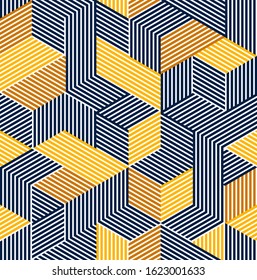 3D cubes seamless pattern vector background, lined dimensional blocks, architecture and construction, geometric design.