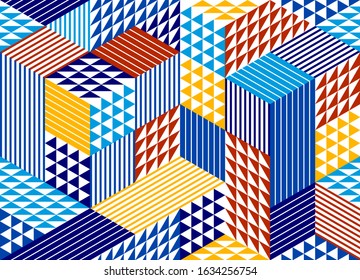 3D cubes seamless pattern vector background, rhombus and triangles dimensional blocks, architecture and construction, geometric design.