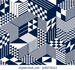 3D cubes seamless pattern vector background, rhombus and triangles dimensional blocks, architecture and construction, geometric design.