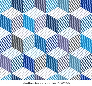 3D cubes seamless pattern vector background, lined dimensional blocks, architecture and construction, geometric design.