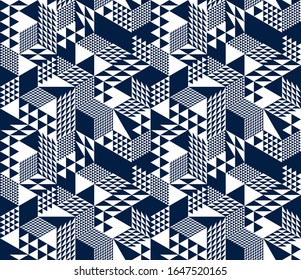 3D cubes seamless pattern vector background, rhombus and triangles dimensional blocks, architecture and construction, geometric design.