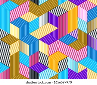 3D cubes seamless pattern vector background, lined dimensional blocks, architecture and construction, geometric design.