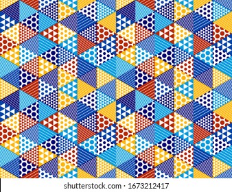 3D cubes seamless pattern vector background, rhombus and triangles dimensional blocks, architecture and construction, geometric design.