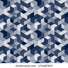 3D cubes seamless pattern vector background, lined dimensional blocks, architecture and construction, geometric design.