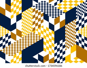 3D cubes seamless pattern vector background, rhombus and triangles dimensional blocks, architecture and construction, geometric design.