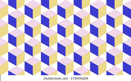 3D cubes seamless pattern vector background, lined dimensional blocks, architecture and construction, geometric design.