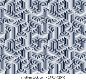 3D cubes seamless pattern vector background, lined dimensional blocks, architecture and construction, geometric design.