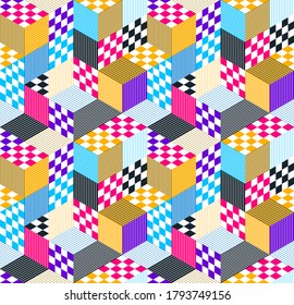 3D cubes seamless pattern vector background, rhombus and triangles dimensional blocks, architecture and construction, geometric design.