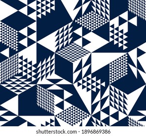 3D cubes seamless pattern vector background, rhombus and triangles dimensional blocks, architecture and construction, geometric design.