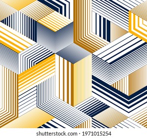 3D cubes seamless pattern vector background, lined dimensional blocks, architecture and construction, geometric design.