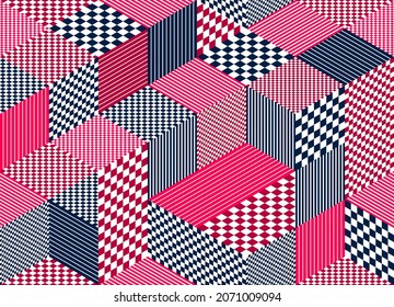 3D cubes seamless pattern vector background, rhombus and lines dimensional blocks, architecture and construction, geometric design.