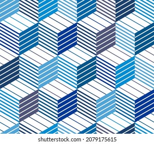 3D cubes seamless pattern vector background, lined dimensional blocks, architecture and construction, geometric design.