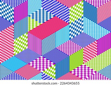 3D cubes seamless pattern vector background, rhombus and lines dimensional blocks, architecture and construction, geometric design.