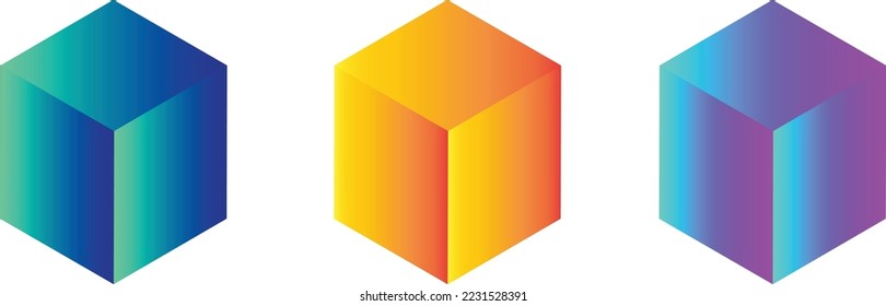 3d cubes set isolated on grey background. Render a rotating glossy golden, Blue and light  3d box model with different angles in perspective with lighting and shadow. Realistic vector geometric shapes